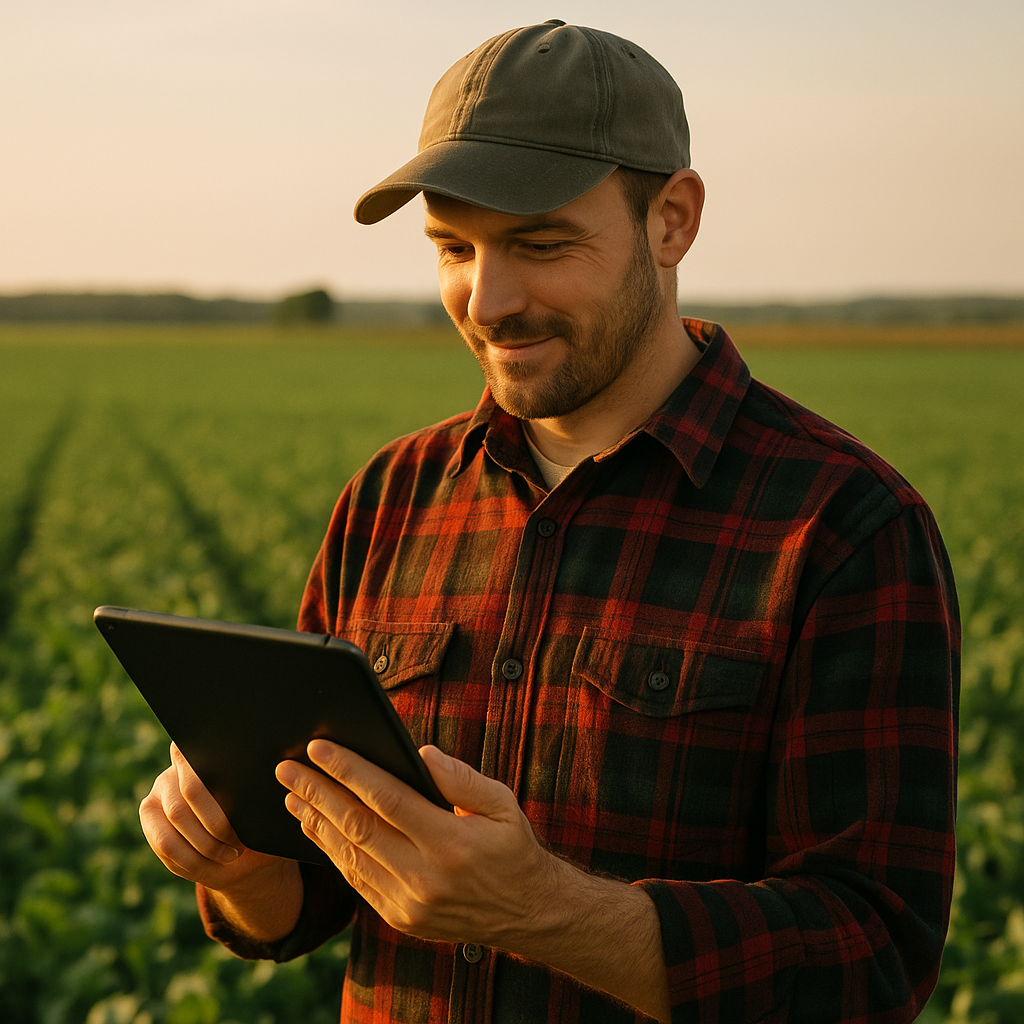 Rolnik z tabletem na polu